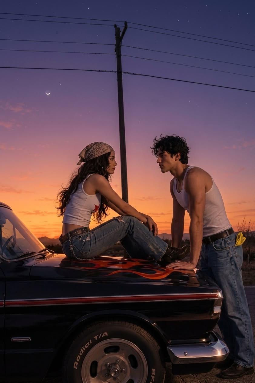 A couple facing each other on the hood of a car at dusk, desert sky behind them